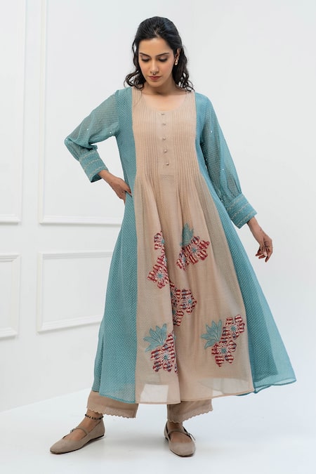 Pants and Pajamas Beige Printed Chanderi Kurta Set 