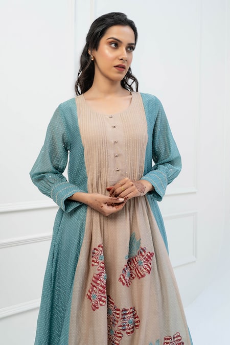 Shop Pants And Pajamas Beige Chanderi Embroidery Round Neck Printed Kurta Set Online at Aza Fashions Shop_Pants And Pajamas_Beige Chanderi Embroidery Round Neck Printed Kurta Set _Online_at_Aza_Fashions