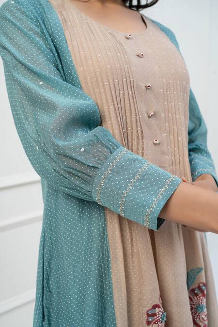 Pants And Pajamas Beige Chanderi Embroidery Round Neck Printed Kurta Set at Aza Fashions Pants And Pajamas_Beige Chanderi Embroidery Round Neck Printed Kurta Set _at_Aza_Fashions