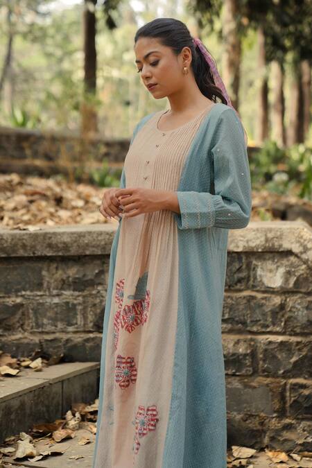 Pants And Pajamas Beige Chanderi Embroidery Round Neck Long Kurta With Blue Overlay Online at Aza Fashions Pants And Pajamas_Beige Chanderi Embroidery Round Neck Long Kurta With Blue Overlay _Online_at_Aza_Fashions