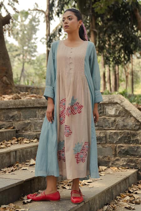 Pants and Pajamas Beige Chanderi Long Kurta With Blue Overlay 