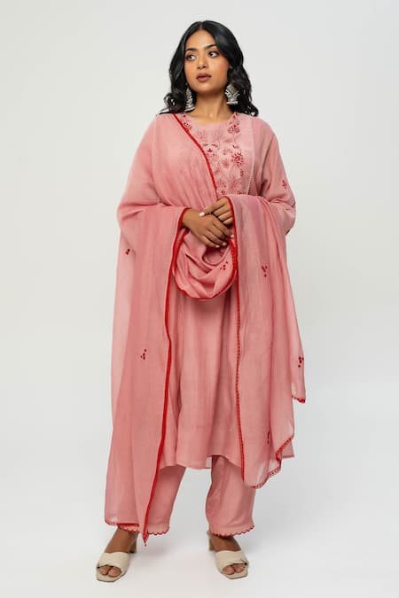 Pants and Pajamas Pink Chanderi Kurta Set With Dupatta 