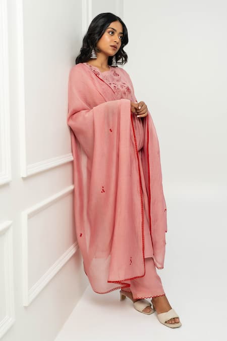 Pants And Pajamas Pink Chanderi Kurta Set With Dupatta 