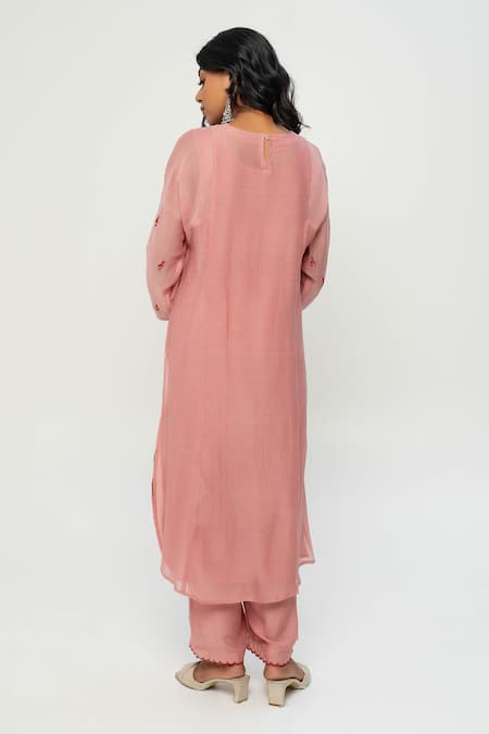 Shop Pants And Pajamas Pink Chanderi Embroidery Round Neck Kurta Set at Aza Fashions Shop_Pants And Pajamas_Pink Chanderi Embroidery Round Neck Kurta Set _at_Aza_Fashions