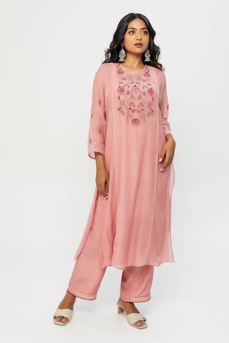 Pants and Pajamas Embroidered Chanderi Kurta Set 