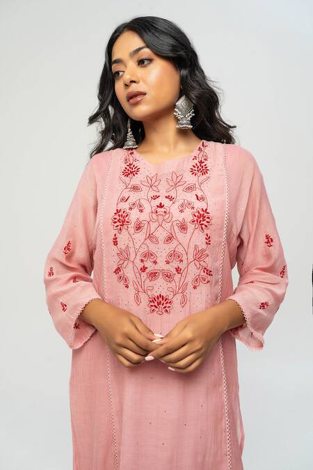 Pants And Pajamas Pink Chanderi Embroidery Round Neck Kurta Set Online at Aza Fashions Pants And Pajamas_Pink Chanderi Embroidery Round Neck Kurta Set _Online_at_Aza_Fashions