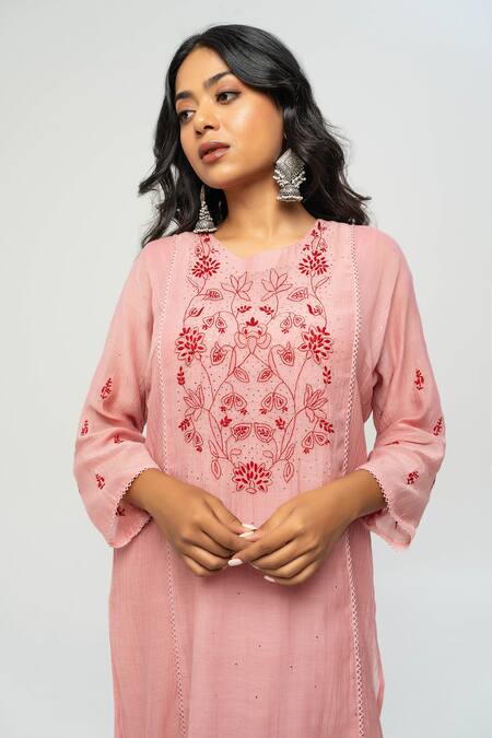 Pants And Pajamas Pink Chanderi Embroidery Round Neck Kurta Online at Aza Fashions Pants And Pajamas_Pink Chanderi Embroidery Round Neck Kurta _Online_at_Aza_Fashions