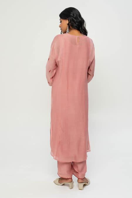 Shop Pants And Pajamas Pink Chanderi Embroidery Round Neck Kurta at Aza Fashions Shop_Pants And Pajamas_Pink Chanderi Embroidery Round Neck Kurta _at_Aza_Fashions