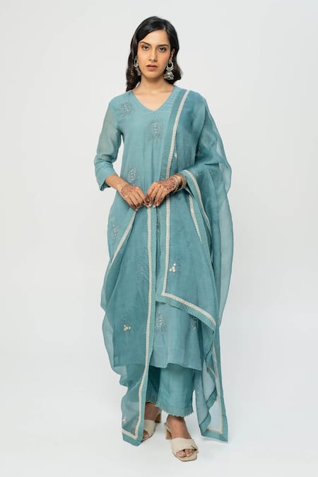 Pants and Pajamas Chanderi Embroidered Kurta Set 