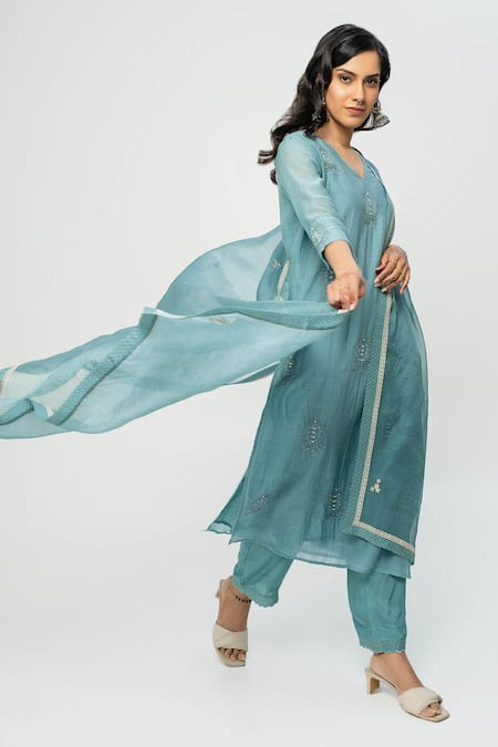 Shop Pants And Pajamas Blue Chanderi, Organza Embroidery V-neck Kurta Set at Aza Fashions Shop_Pants And Pajamas_Blue Chanderi, Organza Embroidery V-neck Kurta Set _at_Aza_Fashions