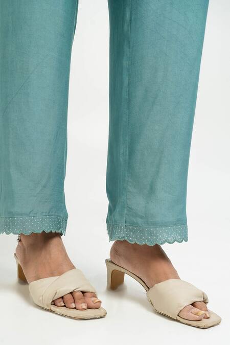 Buy Pants And Pajamas Blue Chanderi, Organza Embroidery V-neck Kurta Set Online at Aza Fashions Buy_Pants And Pajamas_Blue Chanderi, Organza Embroidery V-neck Kurta Set _Online_at_Aza_Fashions