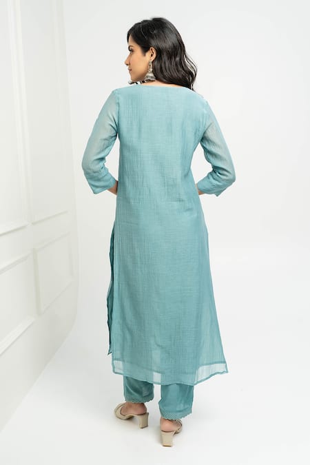 Shop Pants And Pajamas Blue Chanderi Embroidery V-neck Kurta Set at Aza Fashions Shop_Pants And Pajamas_Blue Chanderi Embroidery V-neck Kurta Set _at_Aza_Fashions