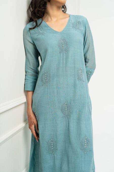Pants And Pajamas Blue Chanderi Embroidery V-neck Long Kurta Online at Aza Fashions Pants And Pajamas_Blue Chanderi Embroidery V-neck Long Kurta _Online_at_Aza_Fashions