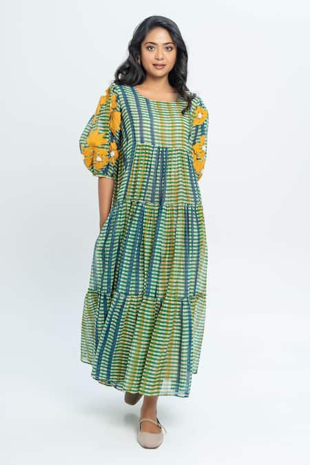 Pants And Pajamas Multi Color Chanderi Round Neck Maxi Dress Online at Aza Fashions Pants And Pajamas_Multi Color Chanderi Round Neck Maxi Dress _Online_at_Aza_Fashions