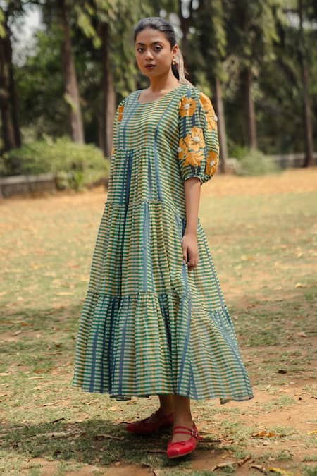 Buy Pants And Pajamas Multi Color Chanderi Round Neck Maxi Dress Online at Aza Fashions Buy_Pants And Pajamas_Multi Color Chanderi Round Neck Maxi Dress _Online_at_Aza_Fashions