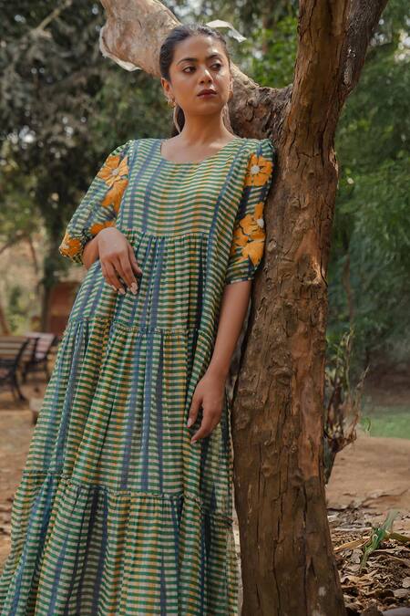Shop Pants And Pajamas Multi Color Chanderi Round Neck Maxi Dress Online at Aza Fashions Shop_Pants And Pajamas_Multi Color Chanderi Round Neck Maxi Dress _Online_at_Aza_Fashions