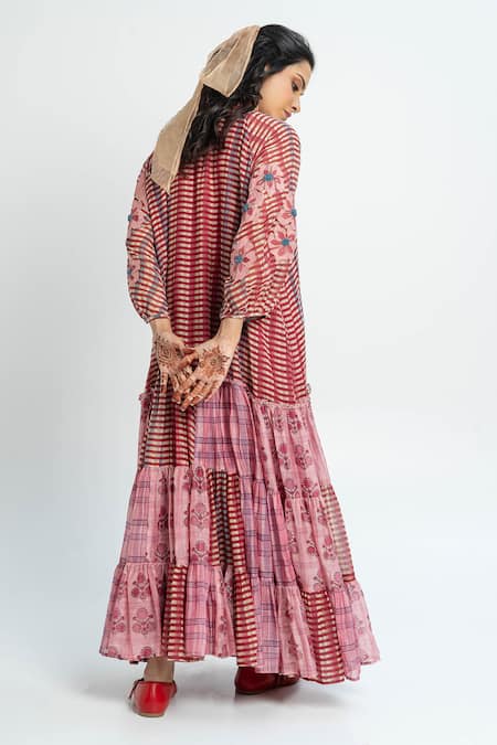 Shop Pants And Pajamas Pink Chanderi Embroidery Striped Maxi Dress at Aza Fashions Shop_Pants And Pajamas_Pink Chanderi Embroidery Striped Maxi Dress _at_Aza_Fashions