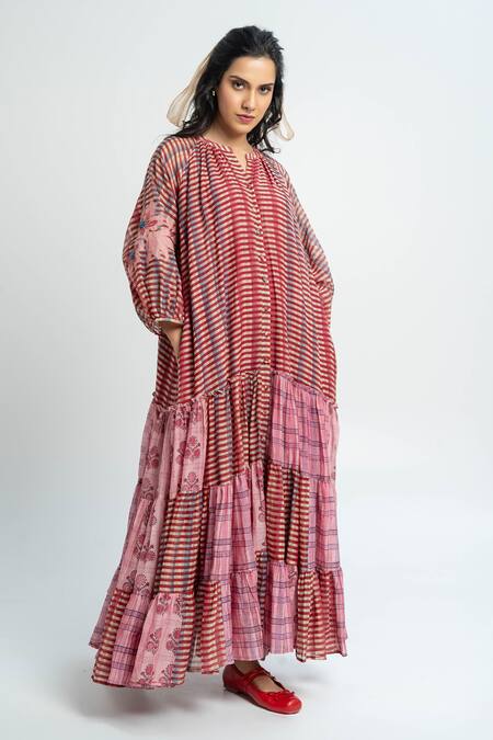 Pants And Pajamas Pink Chanderi Embroidery Striped Maxi Dress Online at Aza Fashions Pants And Pajamas_Pink Chanderi Embroidery Striped Maxi Dress _Online_at_Aza_Fashions