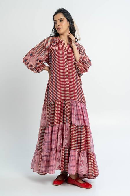 Buy Pants And Pajamas Pink Chanderi Embroidery Striped Maxi Dress Online at Aza Fashions Buy_Pants And Pajamas_Pink Chanderi Embroidery Striped Maxi Dress _Online_at_Aza_Fashions