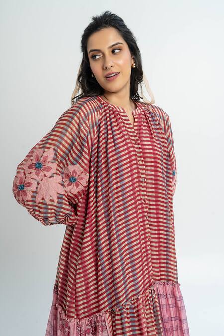 Pants And Pajamas Pink Chanderi Embroidery Striped Maxi Dress at Aza Fashions Pants And Pajamas_Pink Chanderi Embroidery Striped Maxi Dress _at_Aza_Fashions