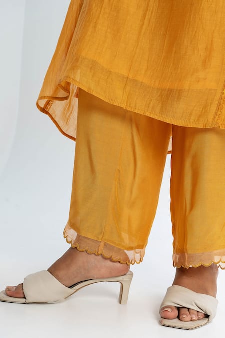 Pants And Pajamas Orange Chanderi, Organza Embroidery Round Neck Kurta Set With Dupatta Online at Aza Fashions Pants And Pajamas_Orange Chanderi, Organza Embroidery Round Neck Kurta Set With Dupatta _Online_at_Aza_Fashions