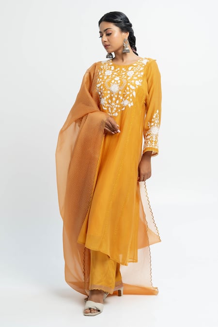 Pants and Pajamas Orange Chanderi Kurta Set with Dupatta 
