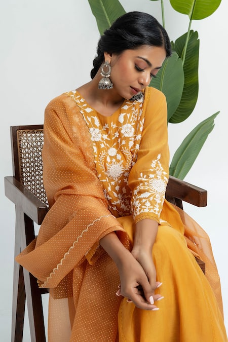 Buy Pants And Pajamas Orange Chanderi, Organza Embroidery Round Neck Kurta Set With Dupatta Online at Aza Fashions Buy_Pants And Pajamas_Orange Chanderi, Organza Embroidery Round Neck Kurta Set With Dupatta _Online_at_Aza_Fashions