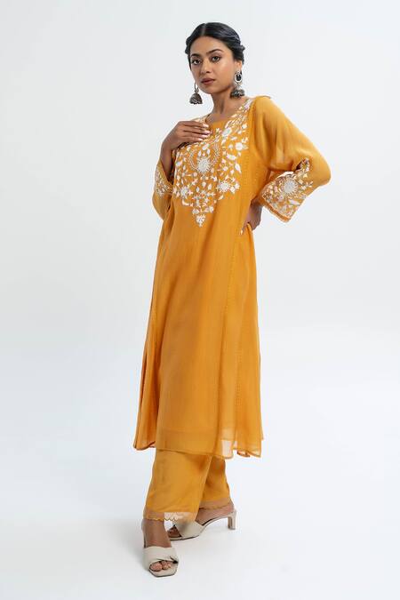 Pants And Pajamas Orange Chanderi Embroidery Round Neck Kurta Set Online at Aza Fashions Pants And Pajamas_Orange Chanderi Embroidery Round Neck Kurta Set _Online_at_Aza_Fashions