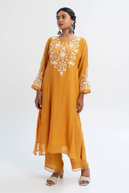Pants and Pajamas Embroidered Chanderi Kurta Set 