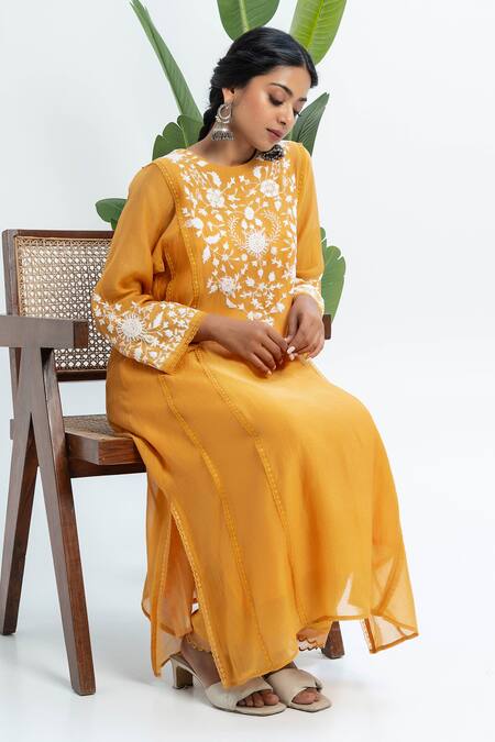 Shop Pants And Pajamas Orange Chanderi Embroidery Round Neck Kurta Set Online at Aza Fashions Shop_Pants And Pajamas_Orange Chanderi Embroidery Round Neck Kurta Set _Online_at_Aza_Fashions