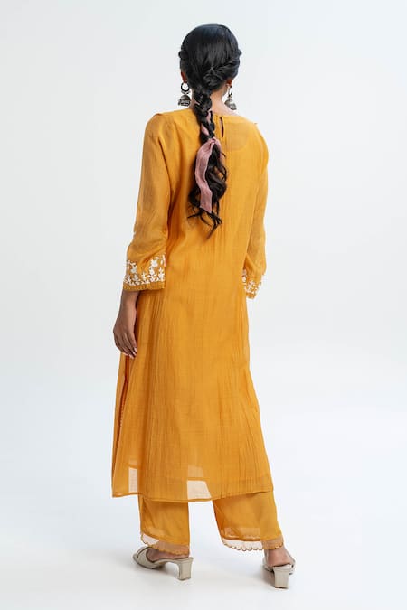 Shop_Pants And Pajamas_Orange Chanderi Embroidery Round Neck Long Kurta _at_Aza_Fashions