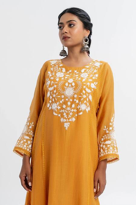Pants And Pajamas_Orange Chanderi Embroidery Round Neck Long Kurta _Online_at_Aza_Fashions