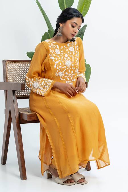 Buy_Pants And Pajamas_Orange Chanderi Embroidery Round Neck Long Kurta _Online_at_Aza_Fashions