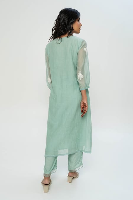 Shop Pants And Pajamas Blue Chanderi Embroidery V-neck Kurta Set at Aza Fashions Shop_Pants And Pajamas_Blue Chanderi Embroidery V-neck Kurta Set _at_Aza_Fashions