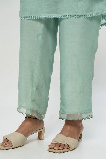 Buy Pants And Pajamas Blue Chanderi Embroidery V-neck Kurta Set Online at Aza Fashions Buy_Pants And Pajamas_Blue Chanderi Embroidery V-neck Kurta Set _Online_at_Aza_Fashions