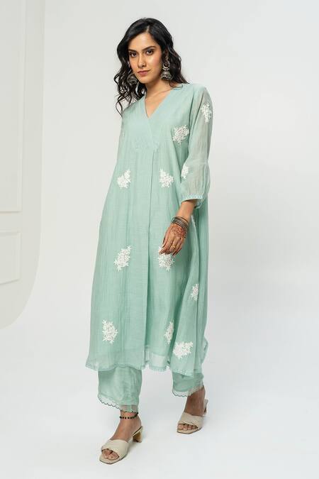 Shop Pants And Pajamas Blue Chanderi Embroidery V-neck Kurta Set Online at Aza Fashions Shop_Pants And Pajamas_Blue Chanderi Embroidery V-neck Kurta Set _Online_at_Aza_Fashions