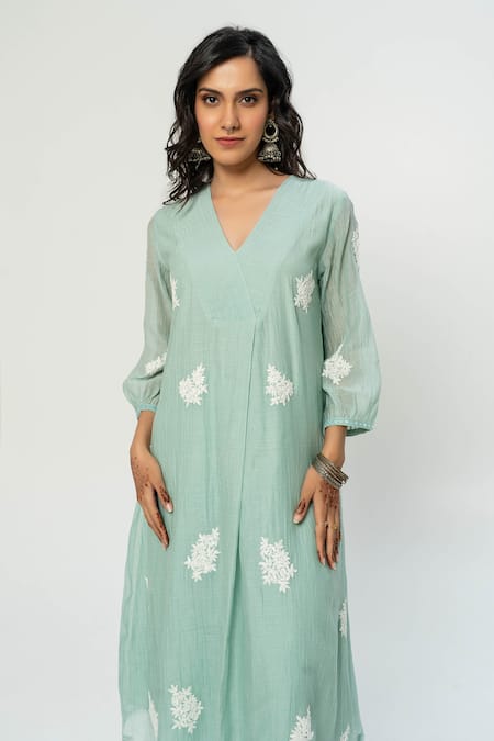 Pants And Pajamas Blue Chanderi Embroidery V-neck Long Kurta Online at Aza Fashions Pants And Pajamas_Blue Chanderi Embroidery V-neck Long Kurta _Online_at_Aza_Fashions
