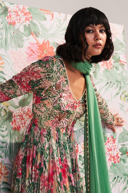 Mustard Moon By Neyha And Vrinda_Green Chiffon, Georgette Sequins, Embroidery V-neck Zahra Floral Anarkali Set _Online_at_Aza_Fashions