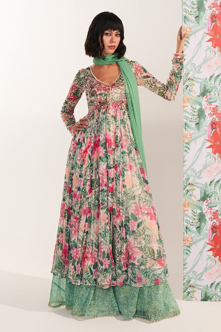 Mustard Moon by Neyha and Vrinda Green Chiffon, Georgette Sequins, Embroidery V-neck Zahra Floral Anarkali Set 