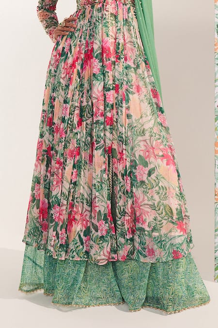 Buy_Mustard Moon By Neyha And Vrinda_Green Chiffon, Georgette Sequins, Embroidery V-neck Zahra Floral Anarkali Set _Online_at_Aza_Fashions