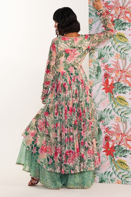 Mustard Moon By Neyha And Vrinda Zahra Green Floral Anarkali Set