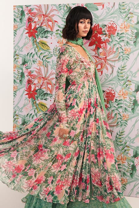 Shop_Mustard Moon By Neyha And Vrinda_Green Chiffon, Georgette Sequins, Embroidery V-neck Zahra Floral Anarkali Set 