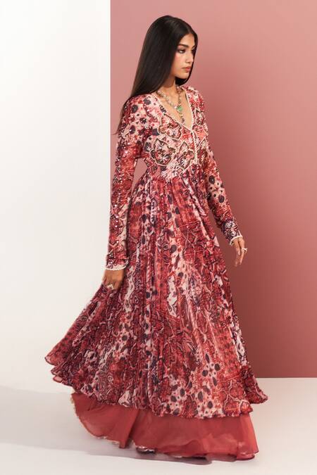 Mustard Moon By Neyha And Vrinda_Multi Color Georgette Sequins, Beads, Embroidery V-neck Zahra Rose Anarkali Set _Online_at_Aza_Fashions