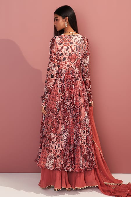 Shop_Mustard Moon By Neyha And Vrinda_Multi Color Georgette Sequins, Beads, Embroidery V-neck Zahra Rose Anarkali Set _at_Aza_Fashions