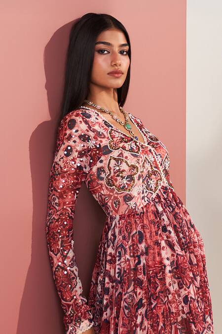 Buy_Mustard Moon By Neyha And Vrinda_Multi Color Georgette Sequins, Beads, Embroidery V-neck Zahra Rose Anarkali Set _Online_at_Aza_Fashions