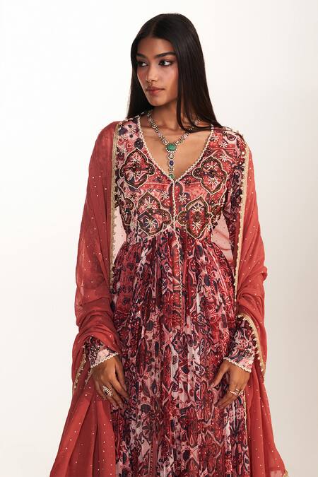 Mustard Moon By Neyha And Vrinda_Multi Color Georgette Sequins, Beads, Embroidery V-neck Zahra Rose Anarkali Set _at_Aza_Fashions