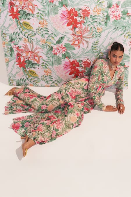 Mustard Moon By Neyha And Vrinda_Green Chiffon Sequins V-neck Floral Kurta And Sharara Set _Online_at_Aza_Fashions