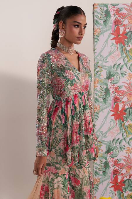 Buy_Mustard Moon By Neyha And Vrinda_Green Chiffon Sequins V-neck Floral Kurta And Sharara Set _Online_at_Aza_Fashions