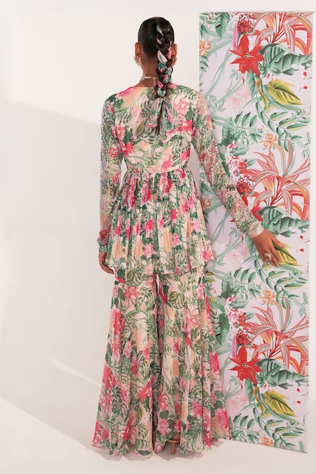 Mustard Moon By Neyha And Vrinda Floral Chiffon Kurta & Sharara Set