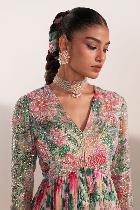 Shop_Mustard Moon By Neyha And Vrinda_Green Chiffon Sequins V-neck Floral Kurta And Sharara Set _Online_at_Aza_Fashions